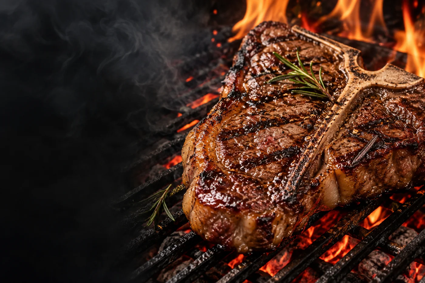 Steaks searing over an open flame